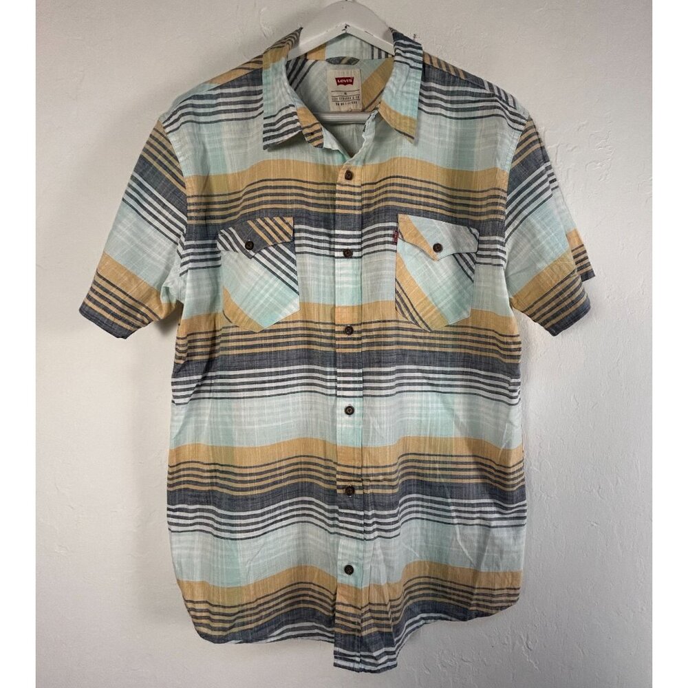 Levi's Men XL Short-Sleeve Button-Up Plaid Shirt 100% Cotton Blue/Yellow Pockets